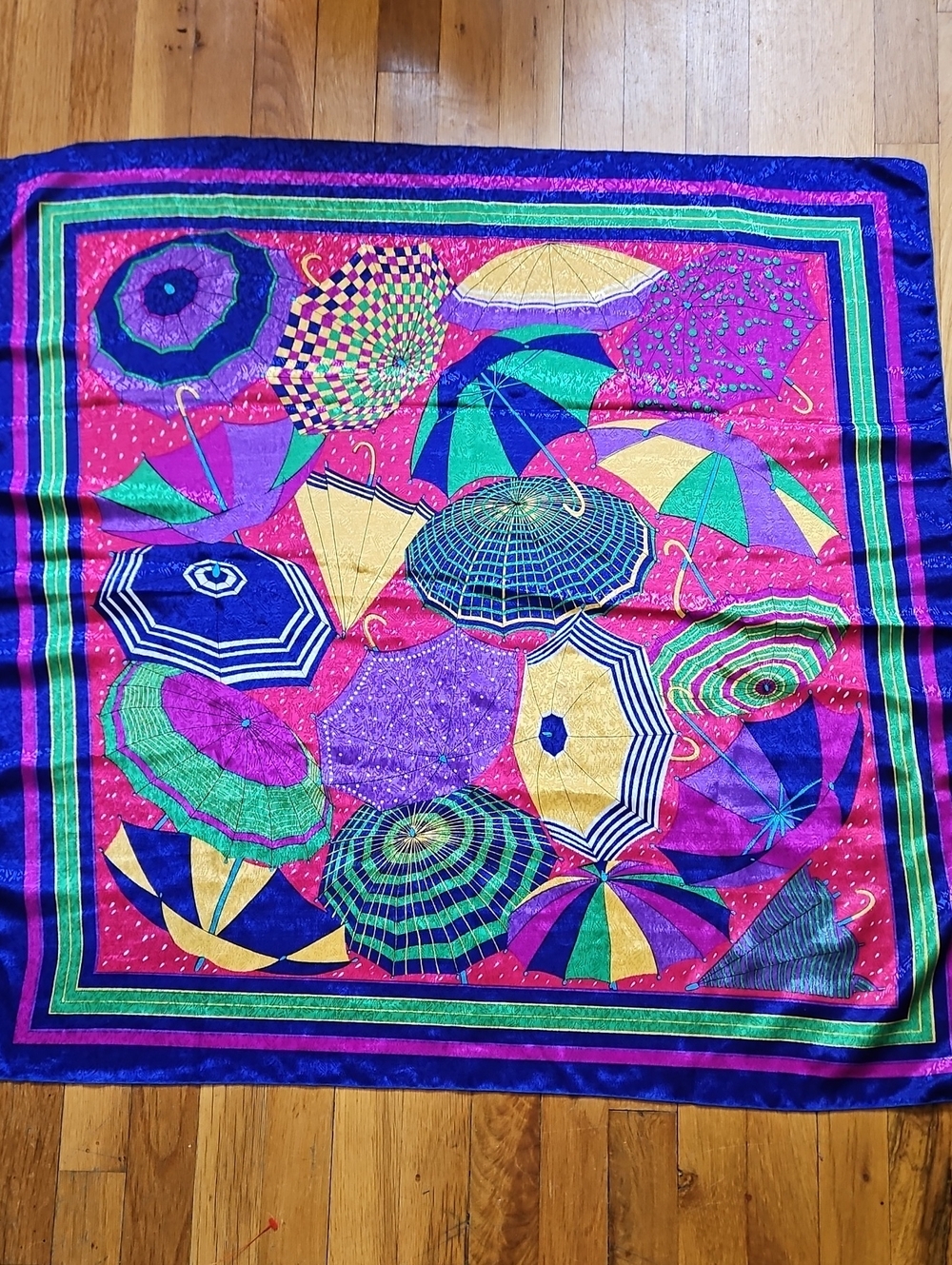 Vibrant Umbrella Print Silk-Feel Scarf - Pink, Purple & Green